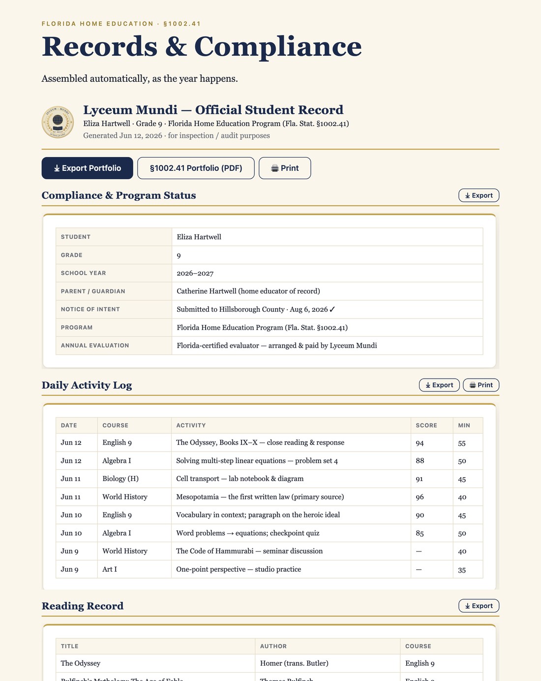 The parent's Records and Compliance page, assembled from the same coursework
