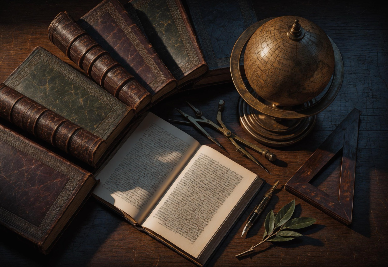 Antique leather-bound great books, a brass globe, drafting dividers, a set square and a fountain pen on a walnut table