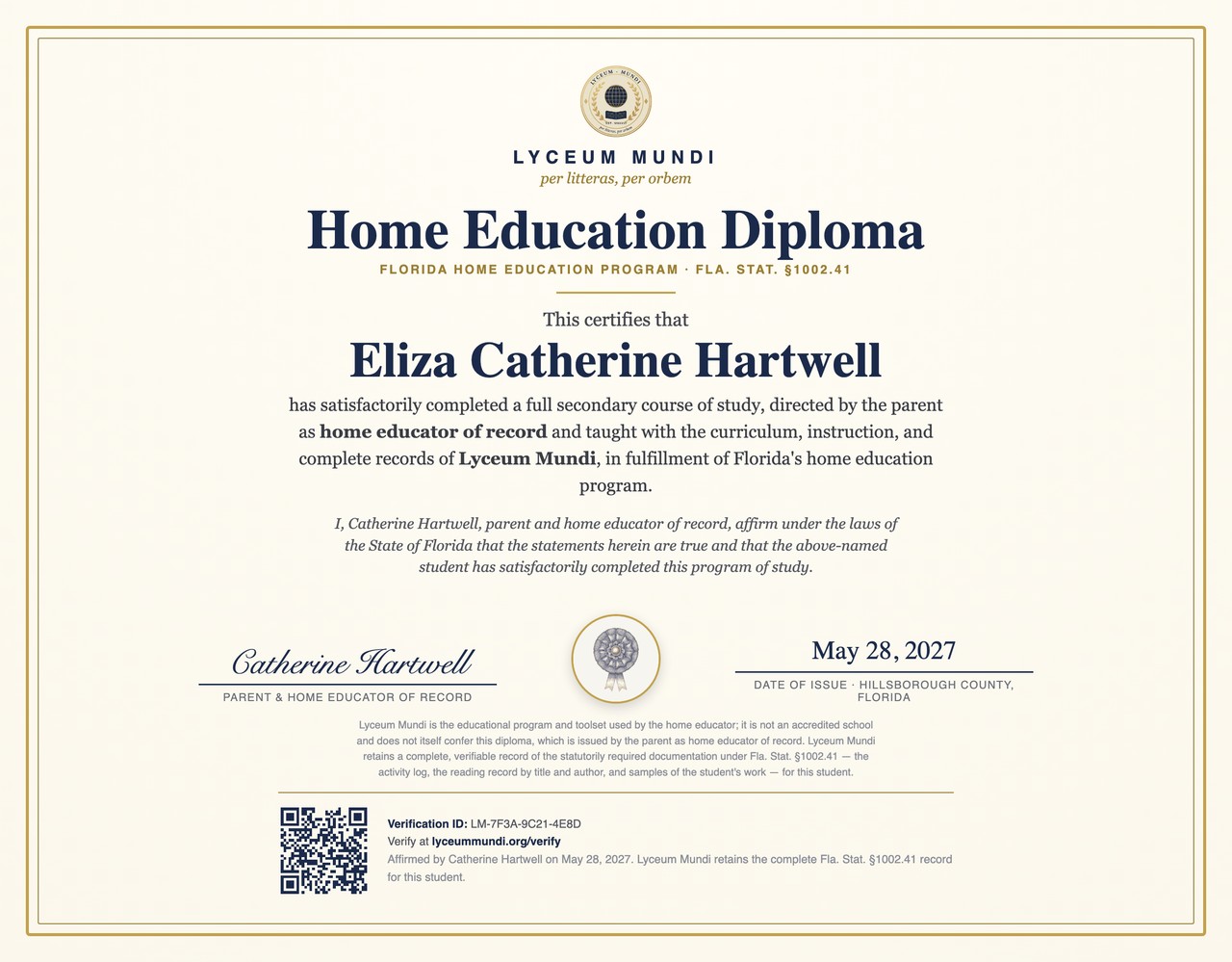 A parent-issued Lyceum Mundi home-education diploma carrying the parent's signature
