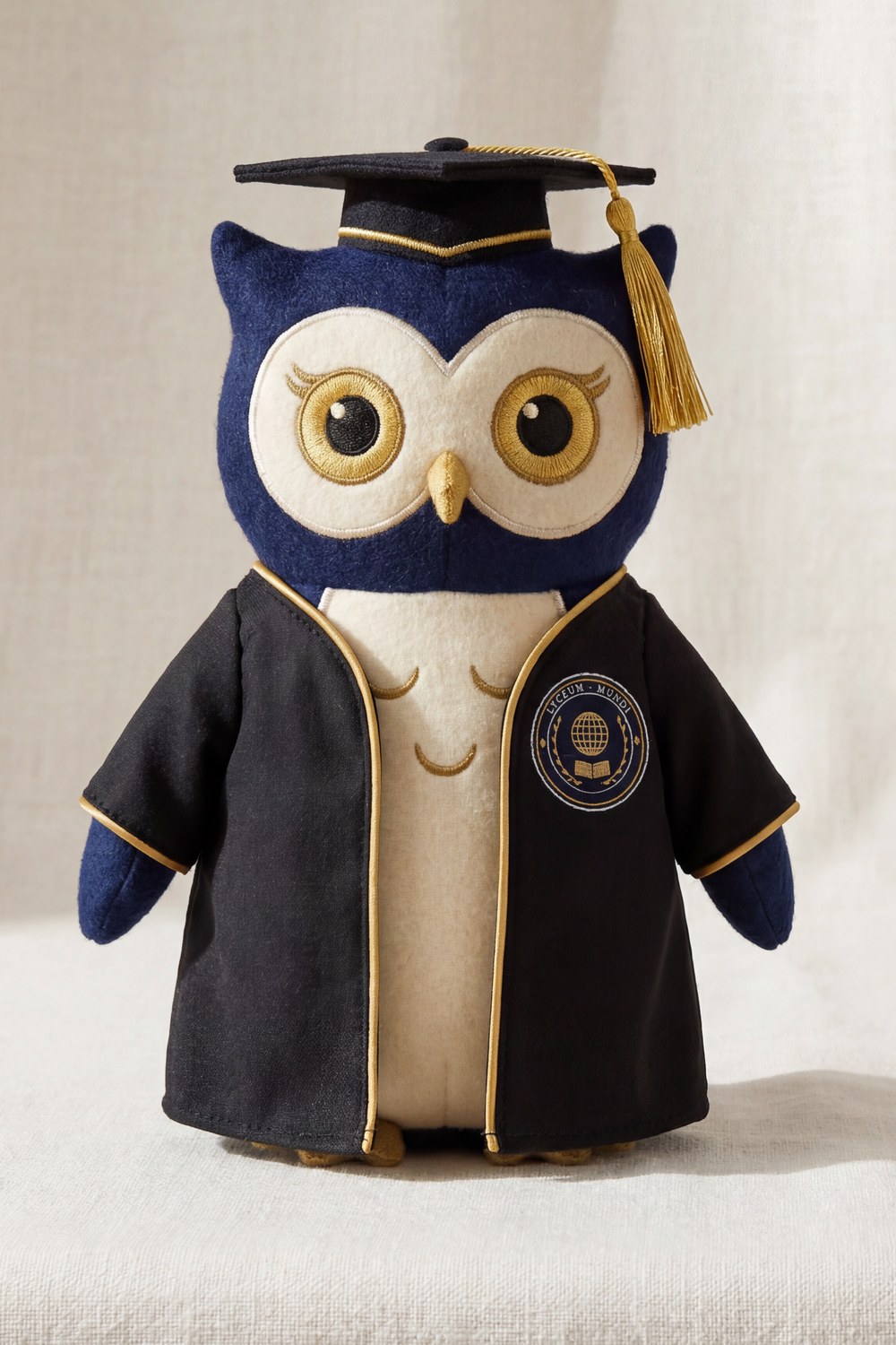 Noctua, the Lyceum Mundi owl mascot, in cap and gown
