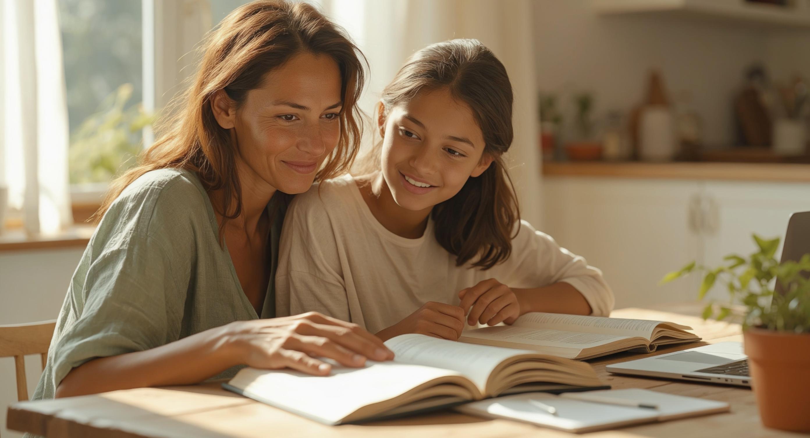 A parent and child reading together at the kitchen table