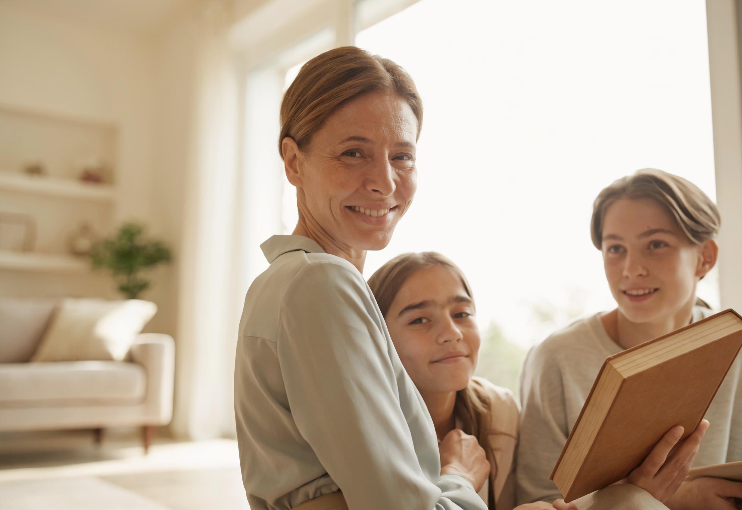A parent at home with two children, one holding a book